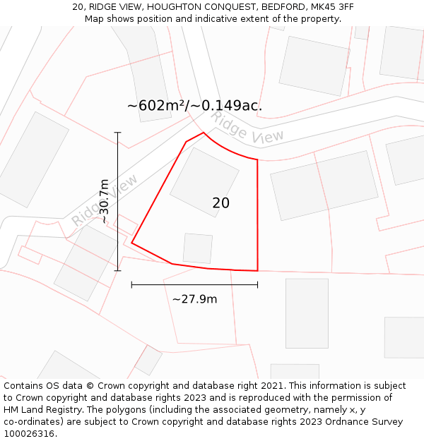 20, RIDGE VIEW, HOUGHTON CONQUEST, BEDFORD, MK45 3FF: Plot and title map