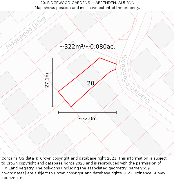 20, RIDGEWOOD GARDENS, HARPENDEN, AL5 3NN: Plot and title map