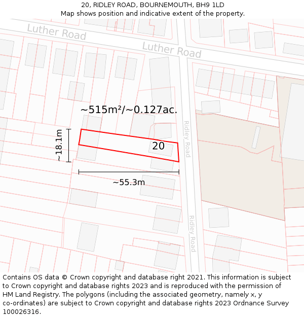 20, RIDLEY ROAD, BOURNEMOUTH, BH9 1LD: Plot and title map