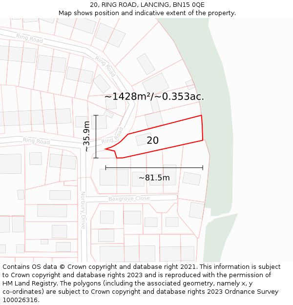 20, RING ROAD, LANCING, BN15 0QE: Plot and title map