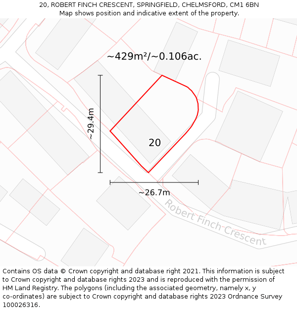 20, ROBERT FINCH CRESCENT, SPRINGFIELD, CHELMSFORD, CM1 6BN: Plot and title map