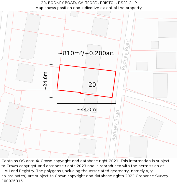 20, RODNEY ROAD, SALTFORD, BRISTOL, BS31 3HP: Plot and title map