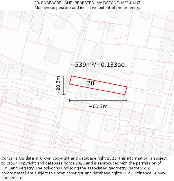 20, ROSEACRE LANE, BEARSTED, MAIDSTONE, ME14 4HZ: Plot and title map