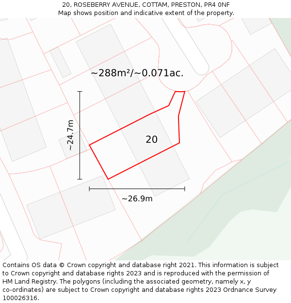 20, ROSEBERRY AVENUE, COTTAM, PRESTON, PR4 0NF: Plot and title map