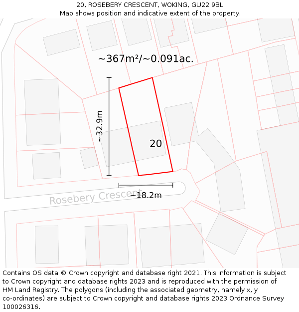 20, ROSEBERY CRESCENT, WOKING, GU22 9BL: Plot and title map