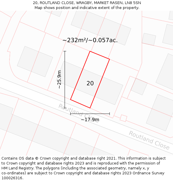 20, ROUTLAND CLOSE, WRAGBY, MARKET RASEN, LN8 5SN: Plot and title map