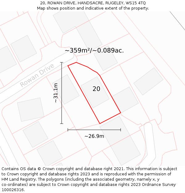 20, ROWAN DRIVE, HANDSACRE, RUGELEY, WS15 4TQ: Plot and title map