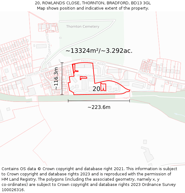 20, ROWLANDS CLOSE, THORNTON, BRADFORD, BD13 3GL: Plot and title map