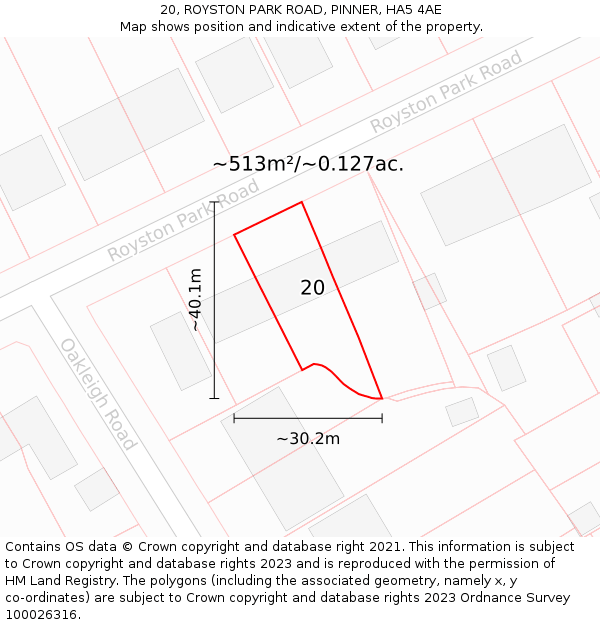 20, ROYSTON PARK ROAD, PINNER, HA5 4AE: Plot and title map