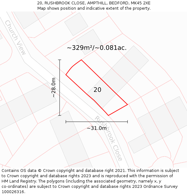 20, RUSHBROOK CLOSE, AMPTHILL, BEDFORD, MK45 2XE: Plot and title map