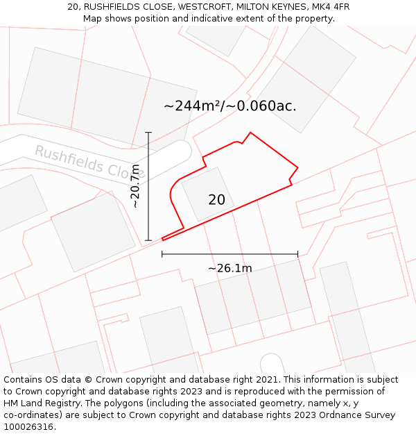 20, RUSHFIELDS CLOSE, WESTCROFT, MILTON KEYNES, MK4 4FR: Plot and title map