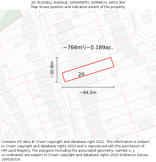 20, RUSSELL AVENUE, SPIXWORTH, NORWICH, NR10 3NY: Plot and title map