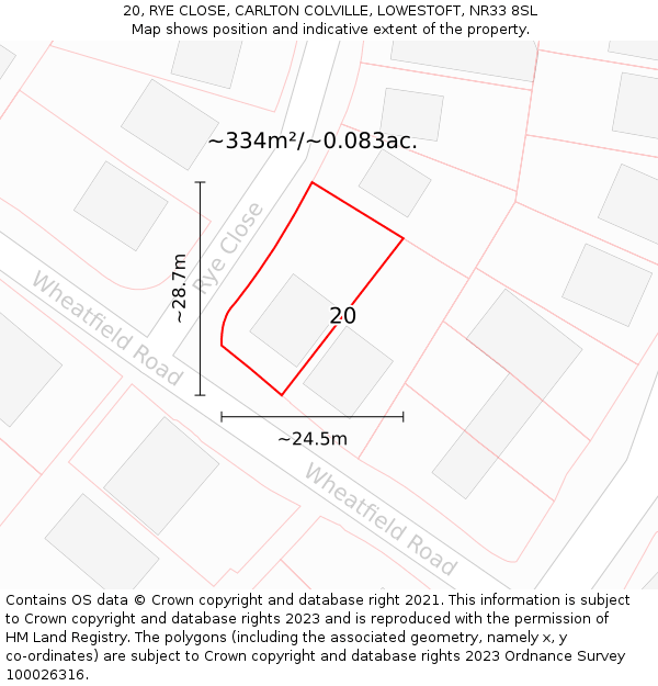 20, RYE CLOSE, CARLTON COLVILLE, LOWESTOFT, NR33 8SL: Plot and title map