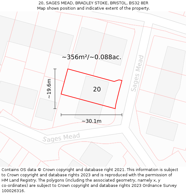 20, SAGES MEAD, BRADLEY STOKE, BRISTOL, BS32 8ER: Plot and title map