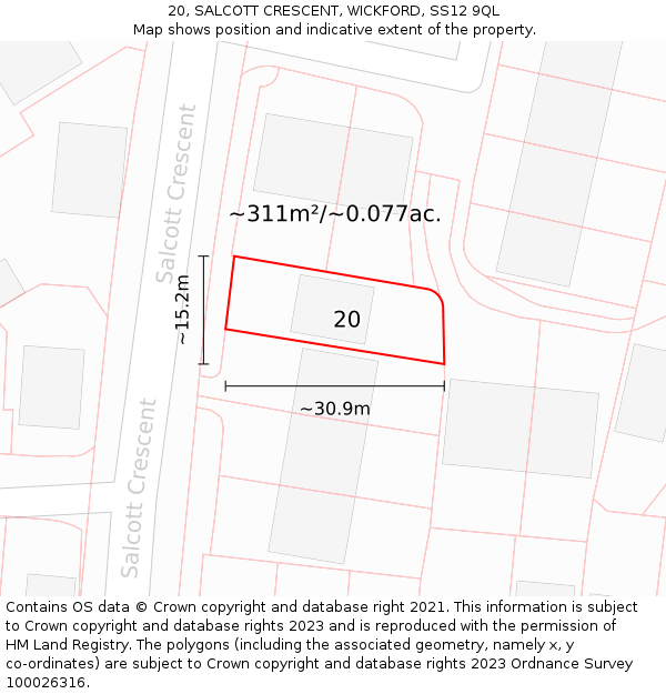 20, SALCOTT CRESCENT, WICKFORD, SS12 9QL: Plot and title map