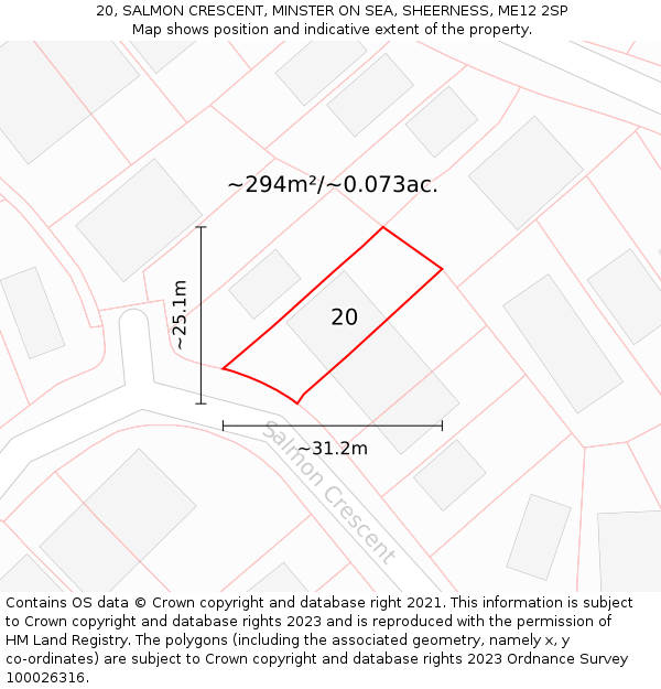 20, SALMON CRESCENT, MINSTER ON SEA, SHEERNESS, ME12 2SP: Plot and title map