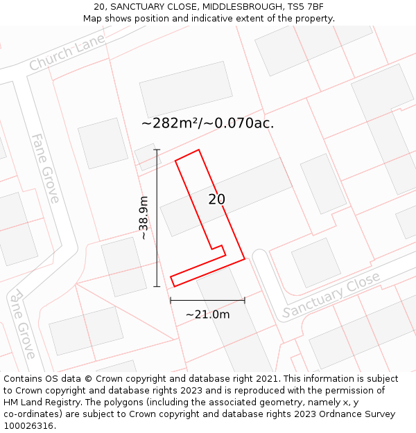 20, SANCTUARY CLOSE, MIDDLESBROUGH, TS5 7BF: Plot and title map