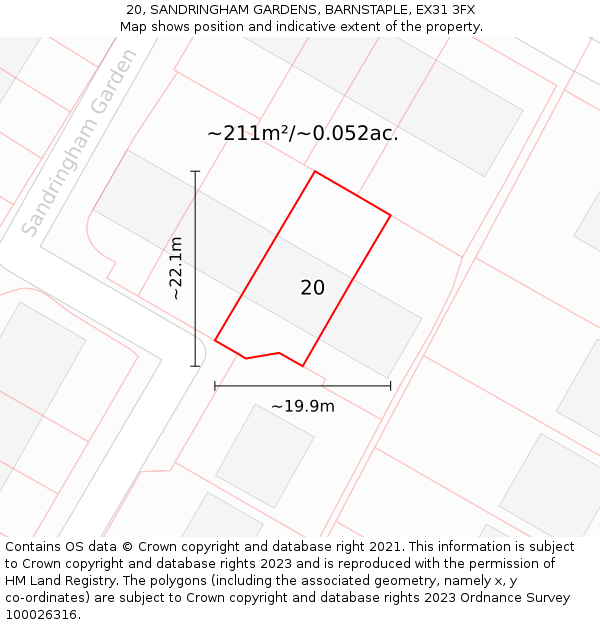 20, SANDRINGHAM GARDENS, BARNSTAPLE, EX31 3FX: Plot and title map