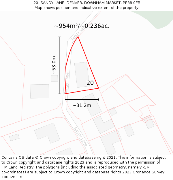 20, SANDY LANE, DENVER, DOWNHAM MARKET, PE38 0EB: Plot and title map