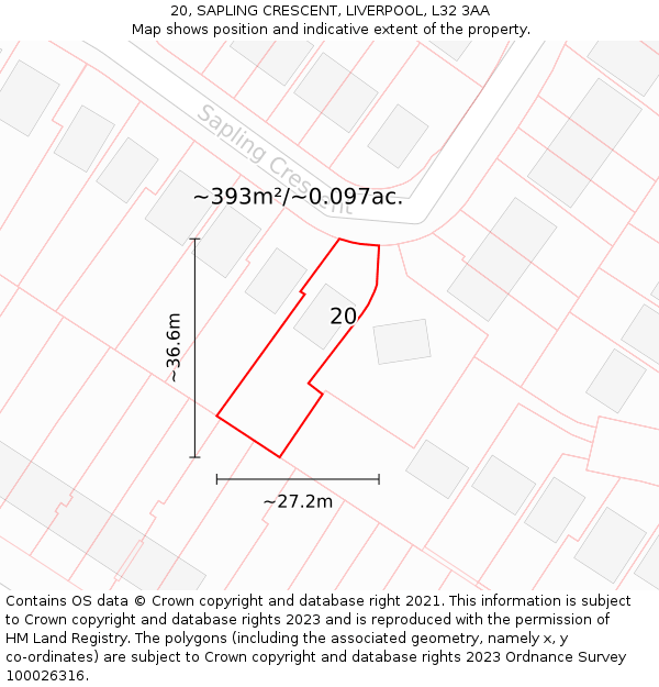 20, SAPLING CRESCENT, LIVERPOOL, L32 3AA: Plot and title map