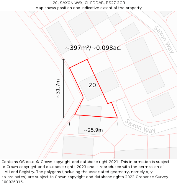 20, SAXON WAY, CHEDDAR, BS27 3GB: Plot and title map