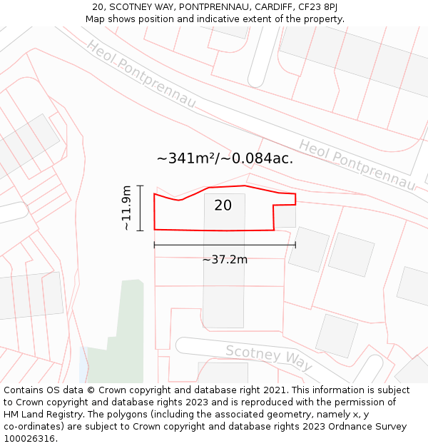 20, SCOTNEY WAY, PONTPRENNAU, CARDIFF, CF23 8PJ: Plot and title map