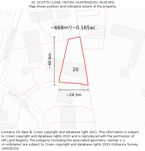20, SCOTTS CLOSE, HILTON, HUNTINGDON, PE28 9PQ: Plot and title map