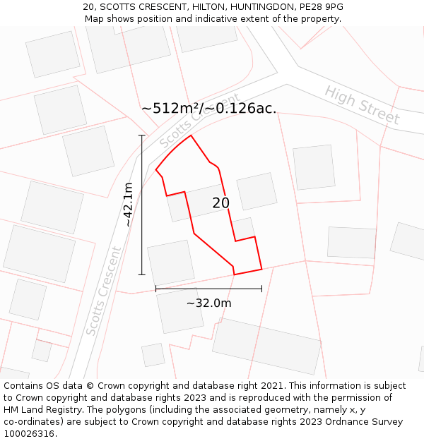 20, SCOTTS CRESCENT, HILTON, HUNTINGDON, PE28 9PG: Plot and title map