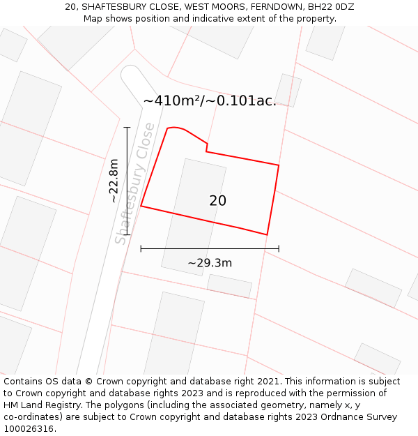 20, SHAFTESBURY CLOSE, WEST MOORS, FERNDOWN, BH22 0DZ: Plot and title map