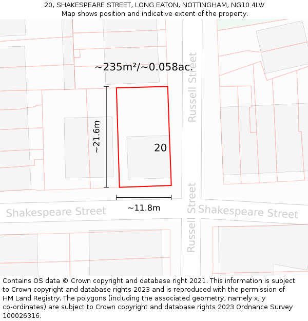 20, SHAKESPEARE STREET, LONG EATON, NOTTINGHAM, NG10 4LW: Plot and title map