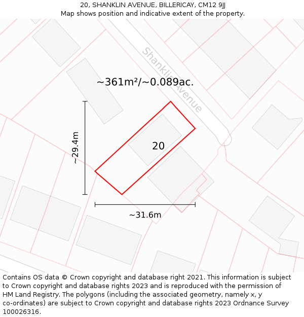 20, SHANKLIN AVENUE, BILLERICAY, CM12 9JJ: Plot and title map