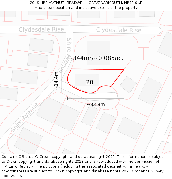 20, SHIRE AVENUE, BRADWELL, GREAT YARMOUTH, NR31 9UB: Plot and title map