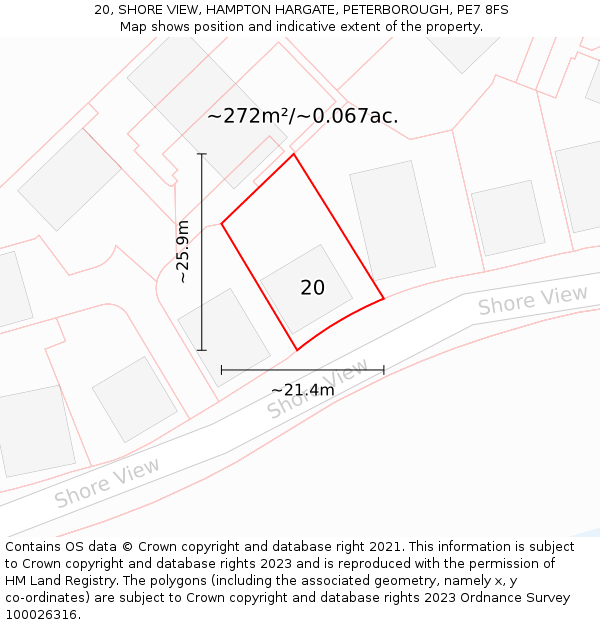 20, SHORE VIEW, HAMPTON HARGATE, PETERBOROUGH, PE7 8FS: Plot and title map