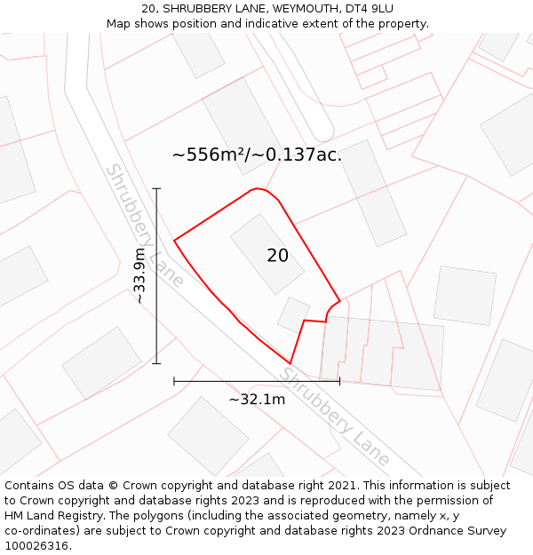 20, SHRUBBERY LANE, WEYMOUTH, DT4 9LU: Plot and title map