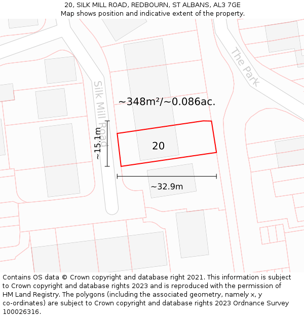 20, SILK MILL ROAD, REDBOURN, ST ALBANS, AL3 7GE: Plot and title map