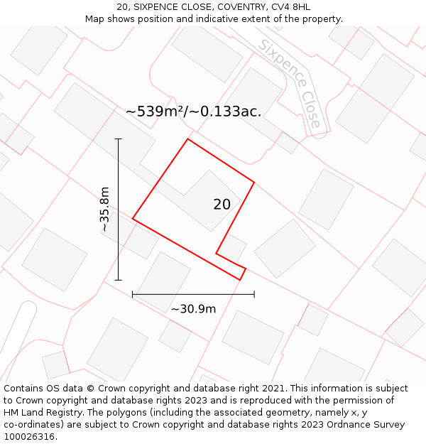 20, SIXPENCE CLOSE, COVENTRY, CV4 8HL: Plot and title map