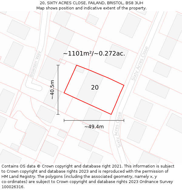 20, SIXTY ACRES CLOSE, FAILAND, BRISTOL, BS8 3UH: Plot and title map