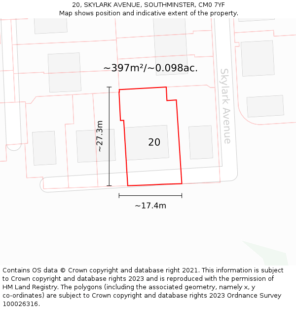 20, SKYLARK AVENUE, SOUTHMINSTER, CM0 7YF: Plot and title map