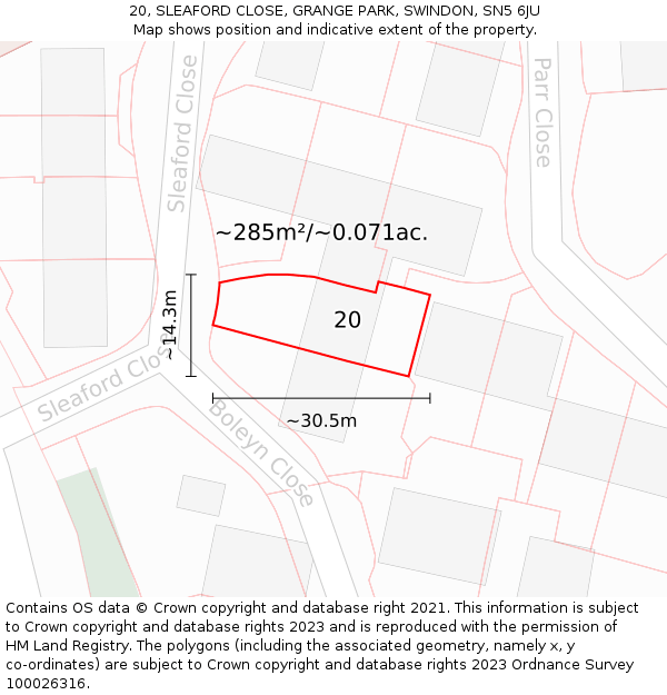 20, SLEAFORD CLOSE, GRANGE PARK, SWINDON, SN5 6JU: Plot and title map