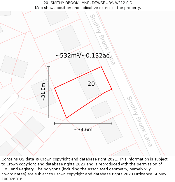 20, SMITHY BROOK LANE, DEWSBURY, WF12 0JD: Plot and title map