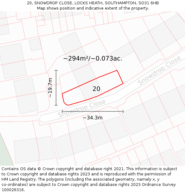 20, SNOWDROP CLOSE, LOCKS HEATH, SOUTHAMPTON, SO31 6HB: Plot and title map