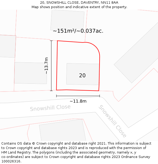 20, SNOWSHILL CLOSE, DAVENTRY, NN11 8AA: Plot and title map
