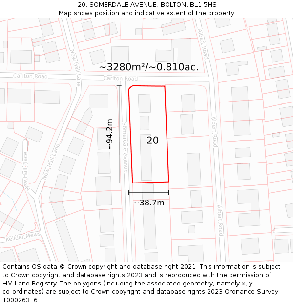20, SOMERDALE AVENUE, BOLTON, BL1 5HS: Plot and title map