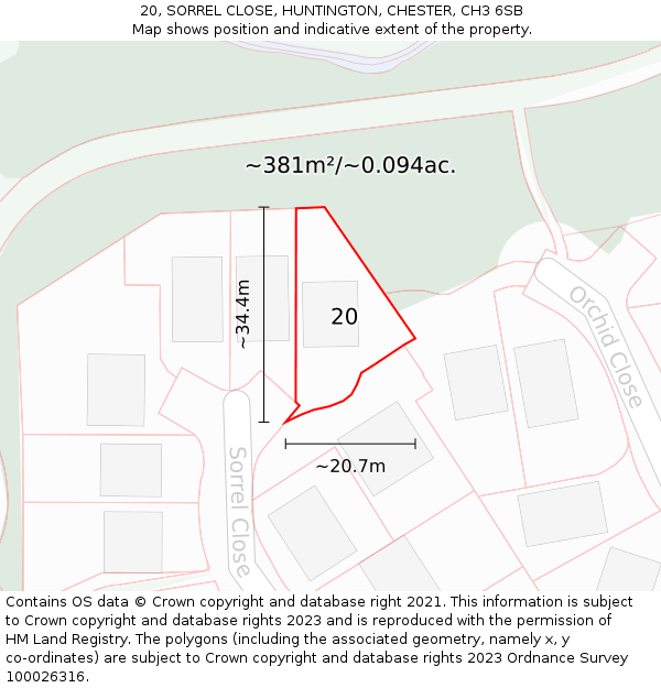 20, SORREL CLOSE, HUNTINGTON, CHESTER, CH3 6SB: Plot and title map