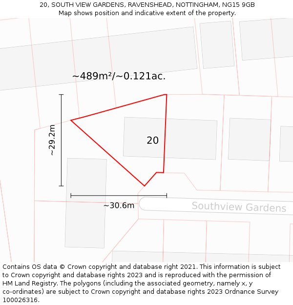 20, SOUTH VIEW GARDENS, RAVENSHEAD, NOTTINGHAM, NG15 9GB: Plot and title map