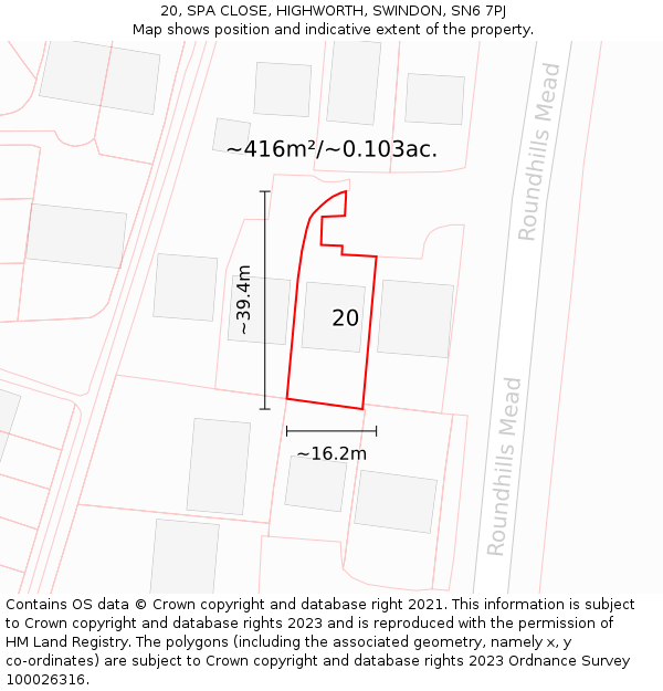 20, SPA CLOSE, HIGHWORTH, SWINDON, SN6 7PJ: Plot and title map
