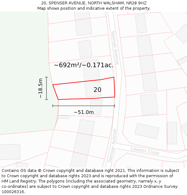 20, SPENSER AVENUE, NORTH WALSHAM, NR28 9HZ: Plot and title map