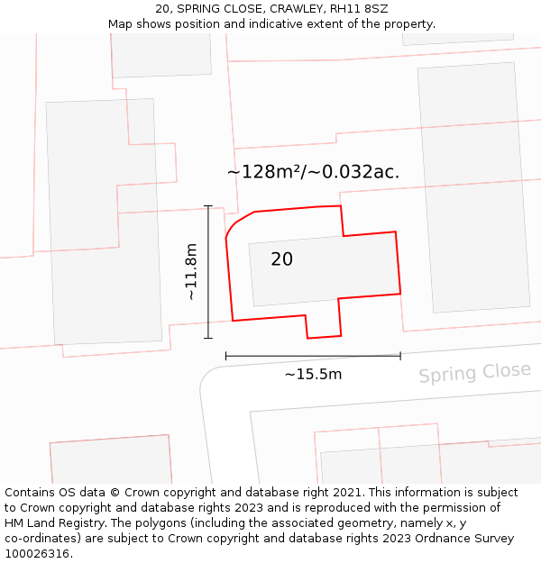 20, SPRING CLOSE, CRAWLEY, RH11 8SZ: Plot and title map