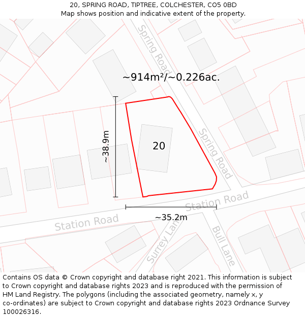 20, SPRING ROAD, TIPTREE, COLCHESTER, CO5 0BD: Plot and title map
