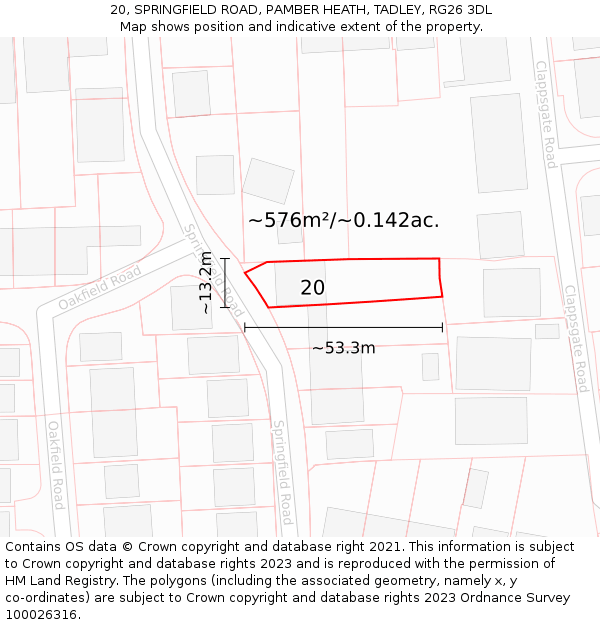 20, SPRINGFIELD ROAD, PAMBER HEATH, TADLEY, RG26 3DL: Plot and title map